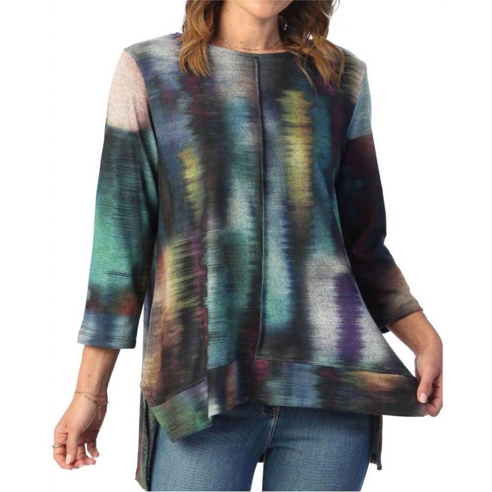 Jess & Jane Reflections French Brushed Knit Slit Top Sz M Green Multi
